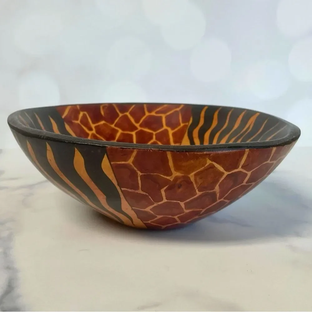 Hand Carved Wooden Bowl with Sunburst Design